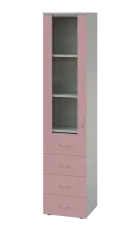 LE - 44 skříň léková prosklená, levá, korpus šedý, dvířka pastelově růžová